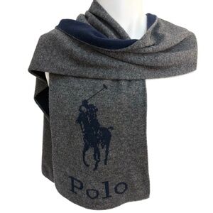 Polo Ralph Lauren 🇺🇸 Grey & Navy Reversible Knit Scarf – Oversized Logo